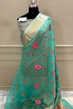 Sea Green Embroidery Net Banarasi Saree