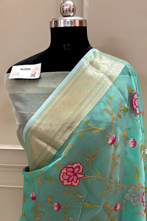 Sea Green Embroidery Net Banarasi Saree