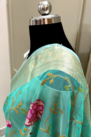 Sea Green Embroidery Net Banarasi Saree