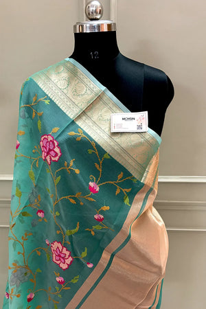 Sea Green Embroidery Net Banarasi Saree