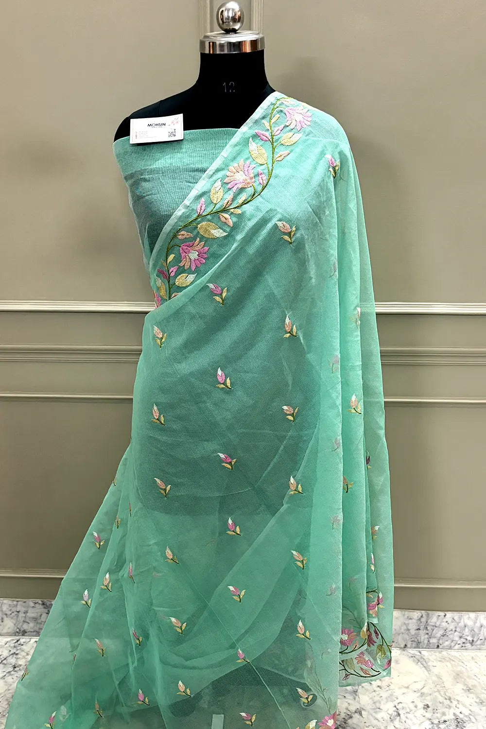 Sea Green Embroidery Net Banarasi Saree
