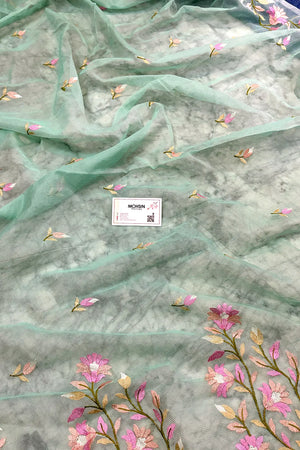 Sea Green Embroidery Net Banarasi Saree