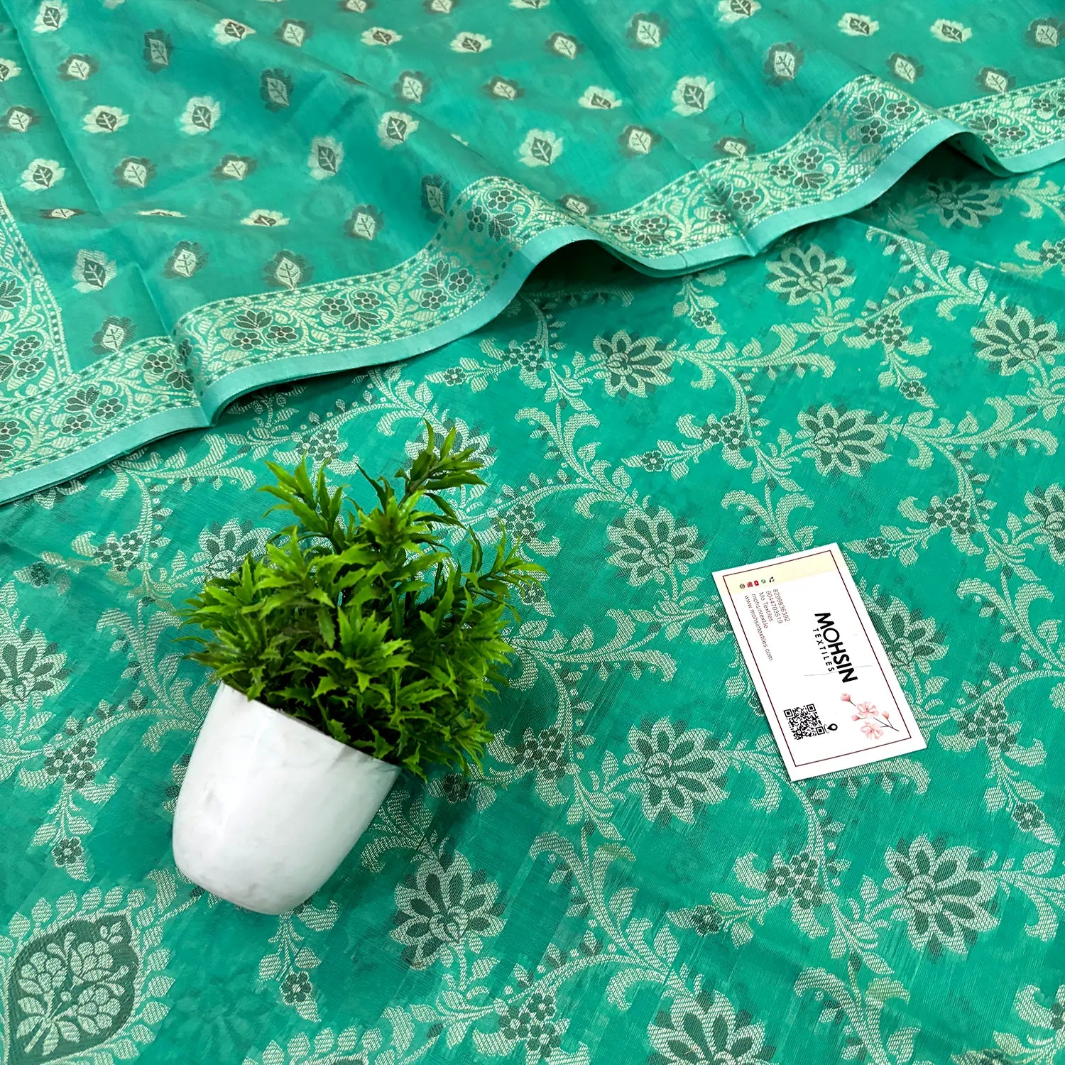 Sea Green Mogambo Jaal Cotton Silk Banarasi Suit