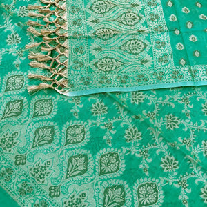 Sea Green Mogambo Jaal Cotton Silk Banarasi Suit