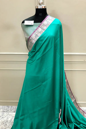 Sea Green Plain Banarasi Silk Saree
