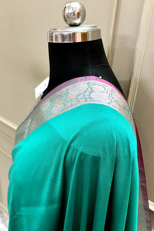 Sea Green Plain Banarasi Silk Saree