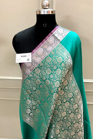 Sea Green Plain Banarasi Silk Saree