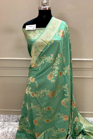 Sea Green Shakahari Jaal Georgette Silk Banarasi Saree