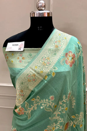 Sea Green Shakahari Jaal Georgette Silk Banarasi Saree