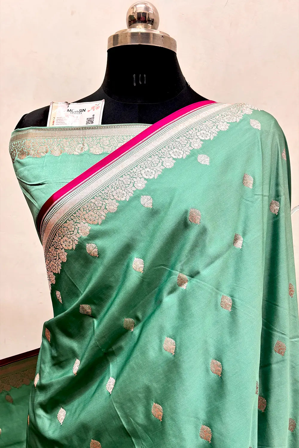 Sea Green Zari Katan Mashru Silk Banarasi Saree