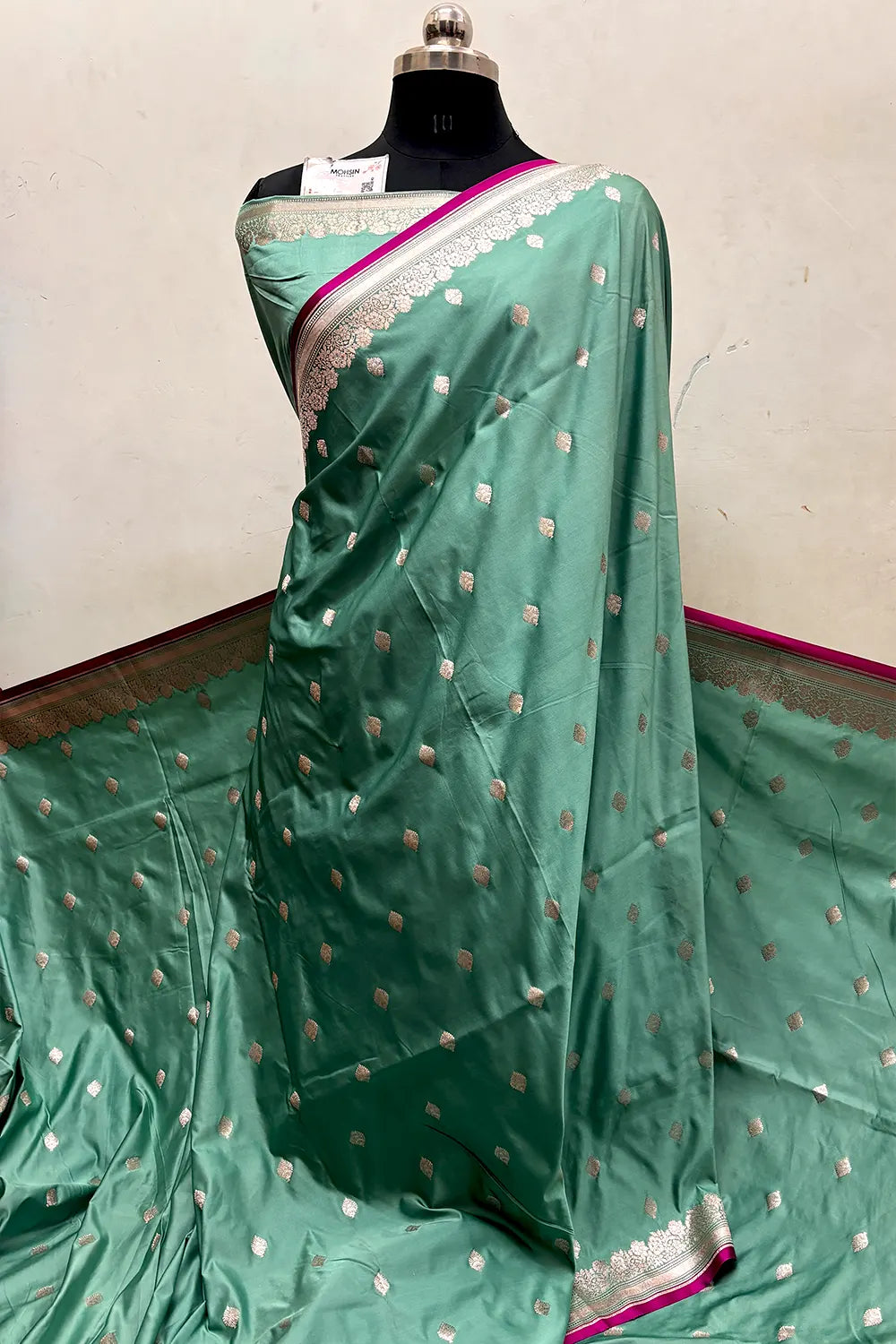 Sea Green Zari Katan Mashru Silk Banarasi Saree