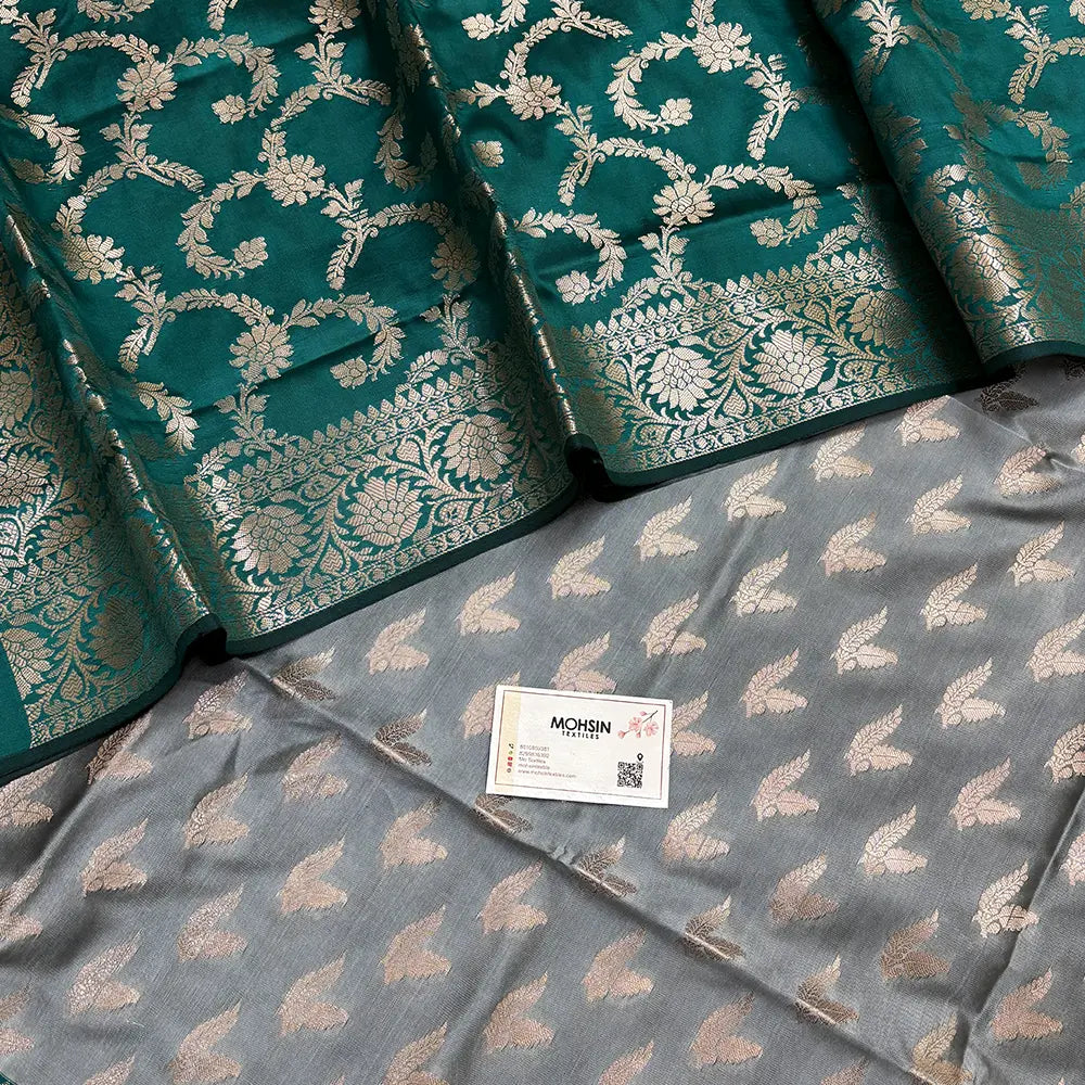 Silver and Teal Semi Katan Silk Banarasi Suit