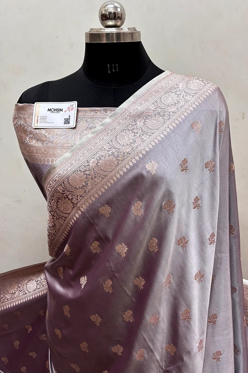 Silver Grey Chaman Buti Katan Mashru Silk Banarasi Saree