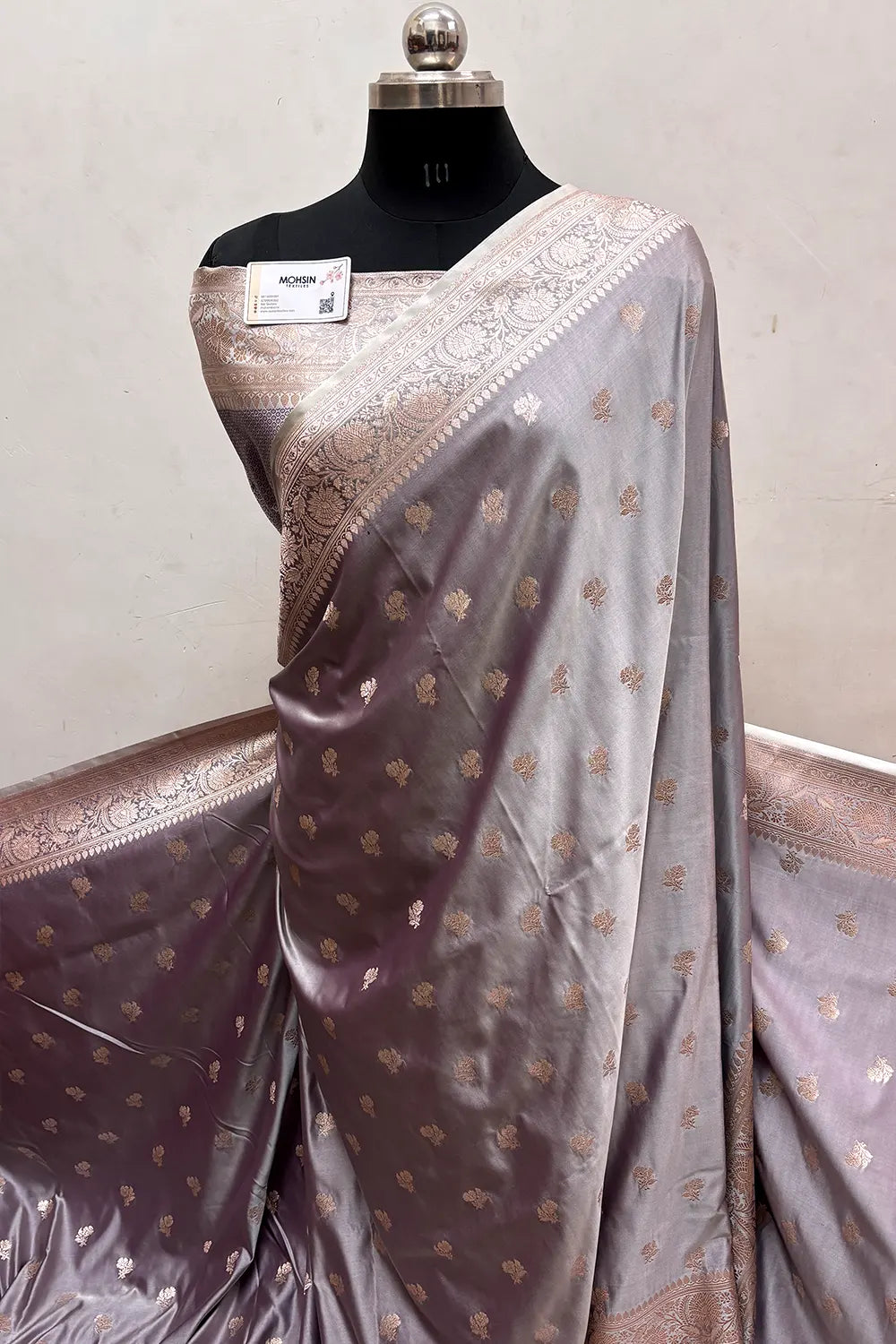 Silver Grey Chaman Buti Katan Mashru Silk Banarasi Saree