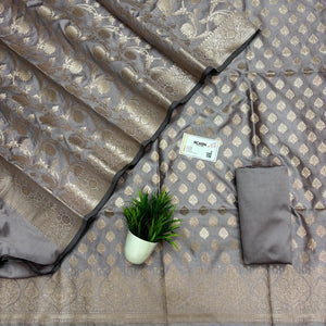 Silver Grey Singhasan Buti Semi Katan Silk Banarasi Suit
