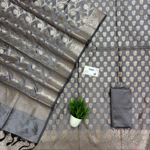 Silver Grey Sunflower Semi Katan Silk Banarasi Suit