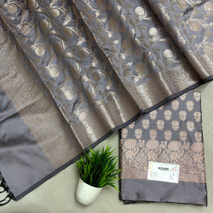 Silver Grey Sunflower Semi Katan Silk Banarasi Suit