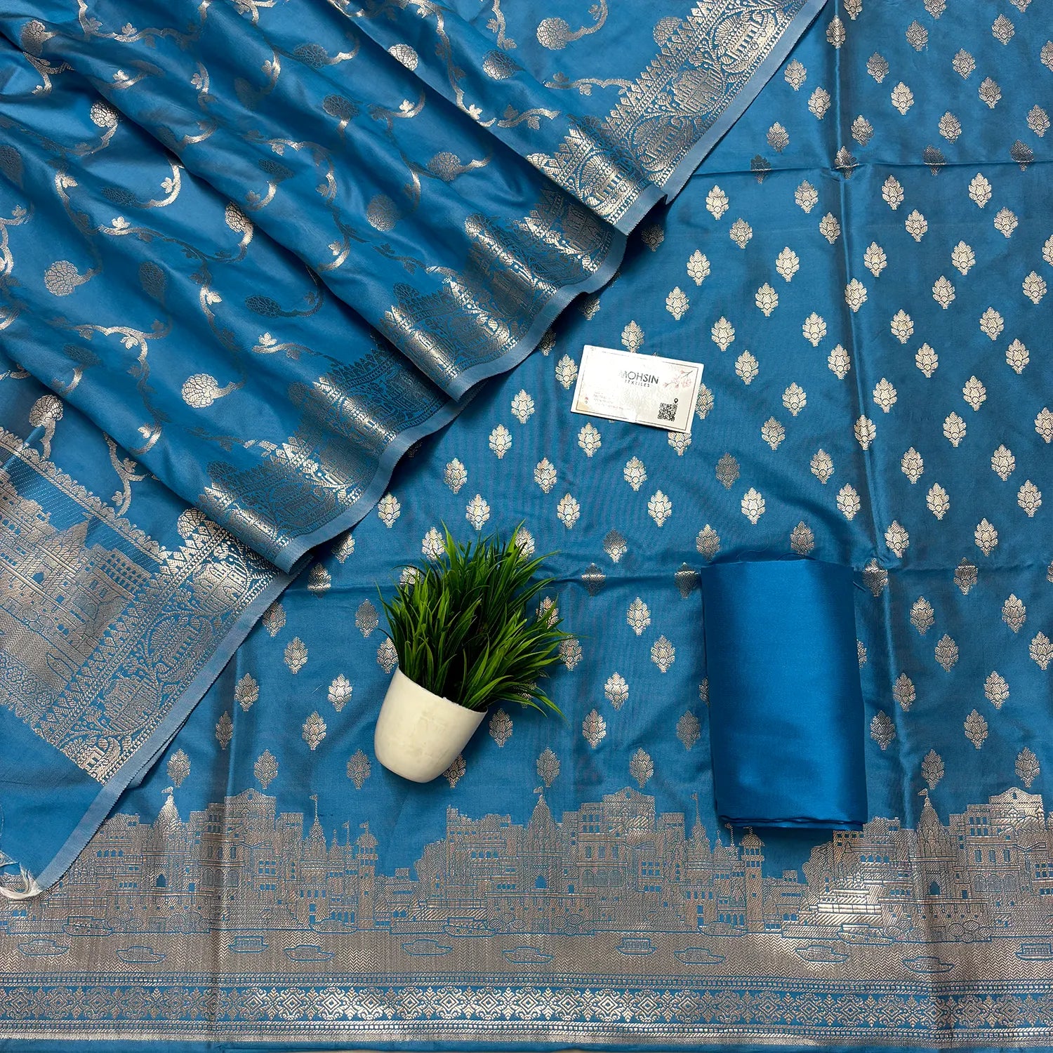 Sky Blue Assi Ghat Mandir Semi Katan Silk Banarasi Suit