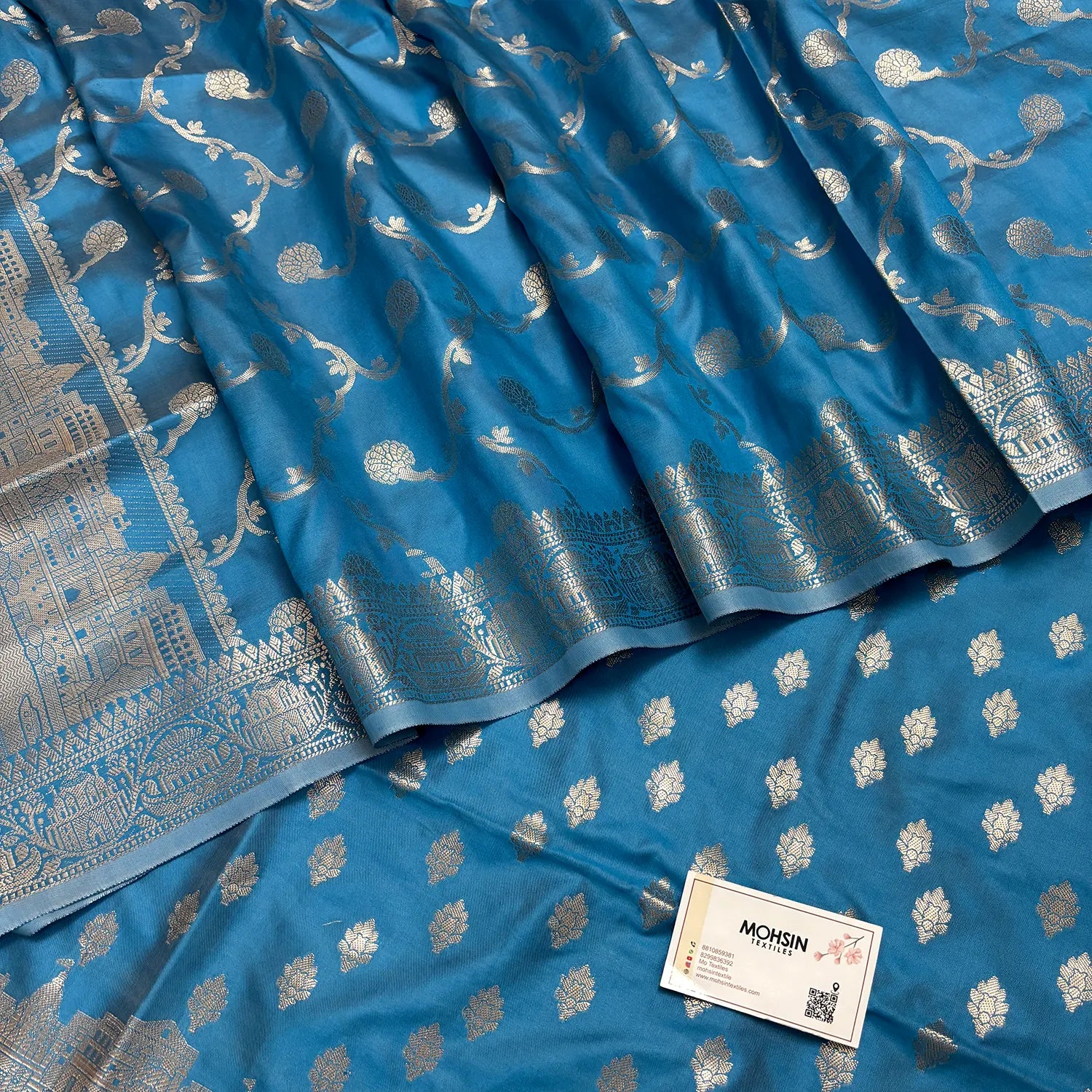 Sky Blue Assi Ghat Mandir Semi Katan Silk Banarasi Suit