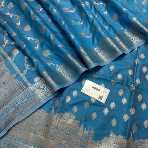 Sky Blue Assi Ghat Mandir Semi Katan Silk Banarasi Suit