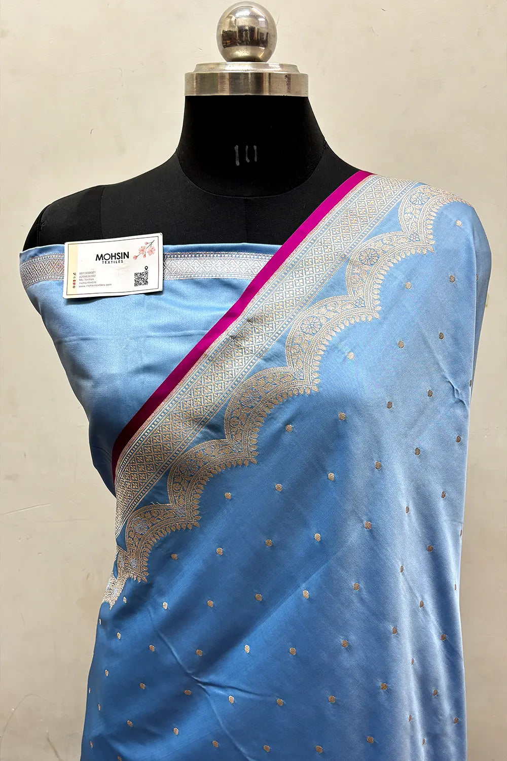 Sky Blue Zari Katan Mashru Silk Banarasi Saree