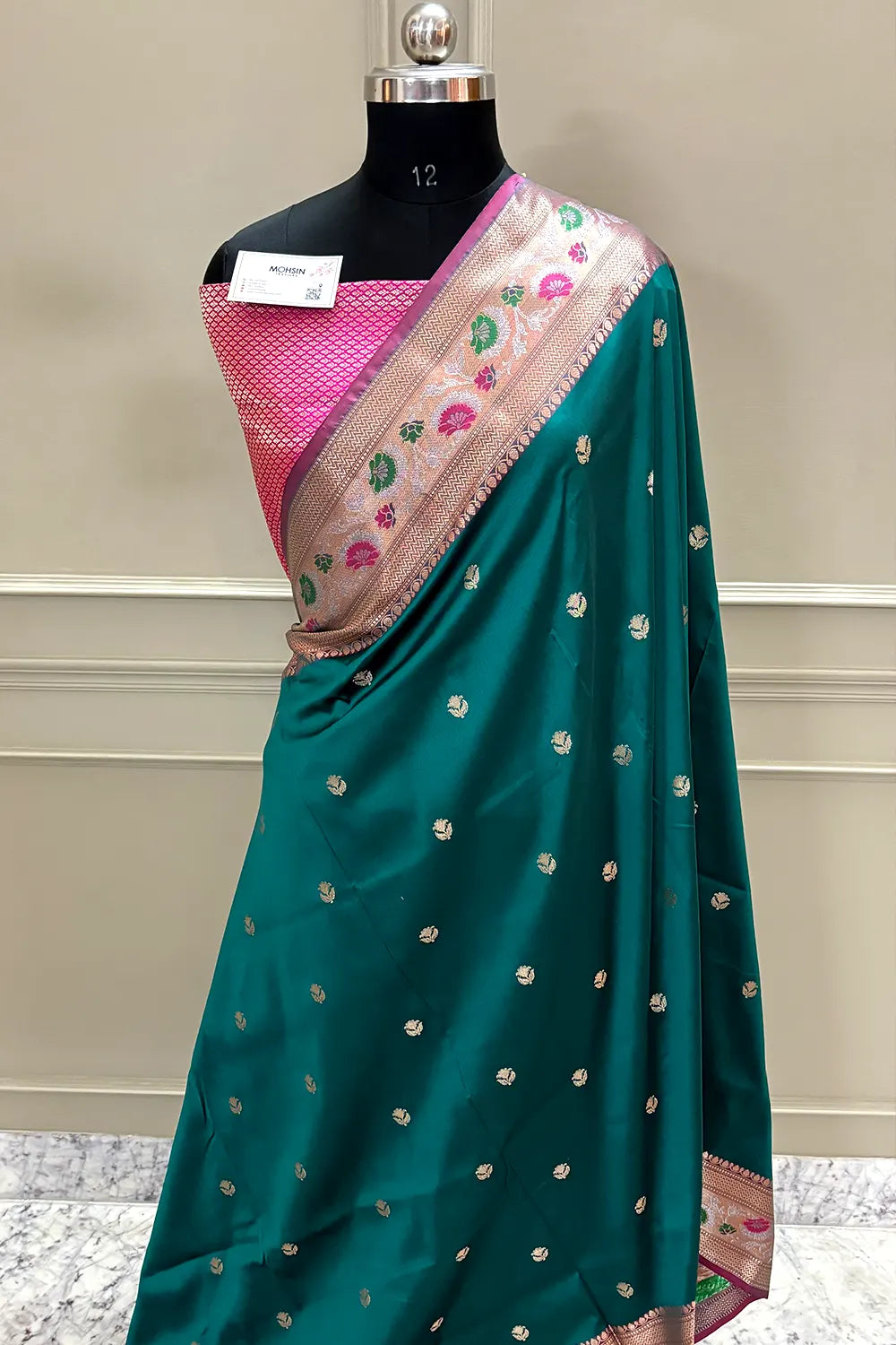 Teal and Pink Buti Banarasi Silk Saree