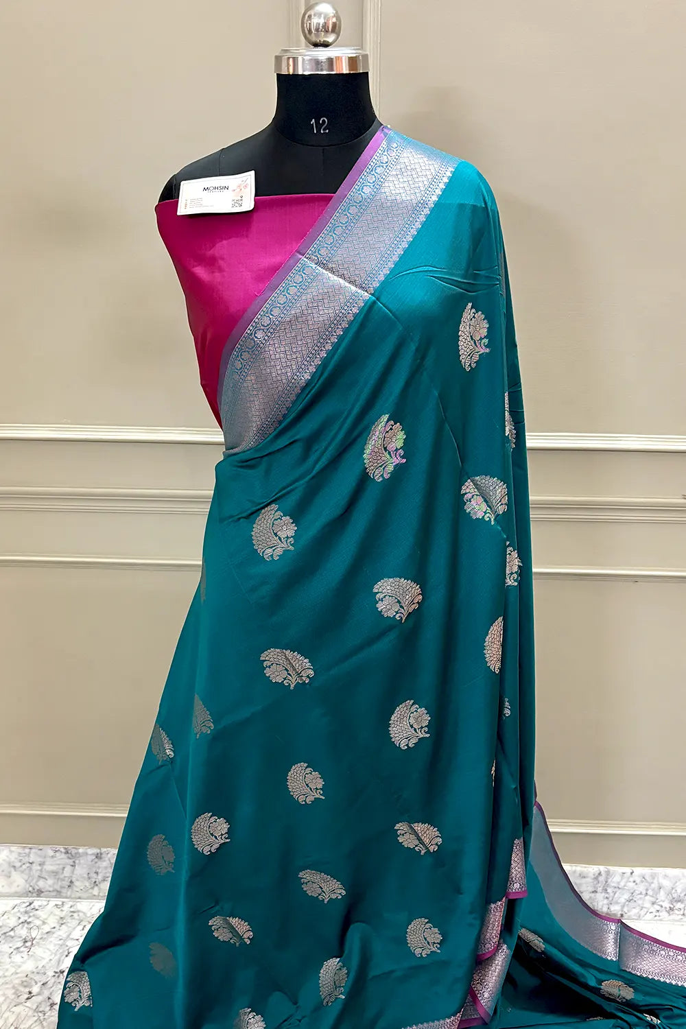 Teal and Pink Golden Zari Banarasi Silk Saree
