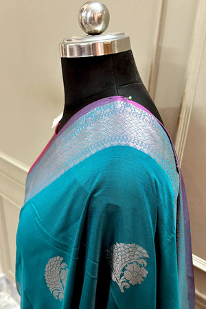 Teal and Pink Golden Zari Banarasi Silk Saree