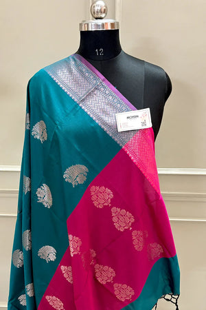 Teal and Pink Golden Zari Banarasi Silk Saree
