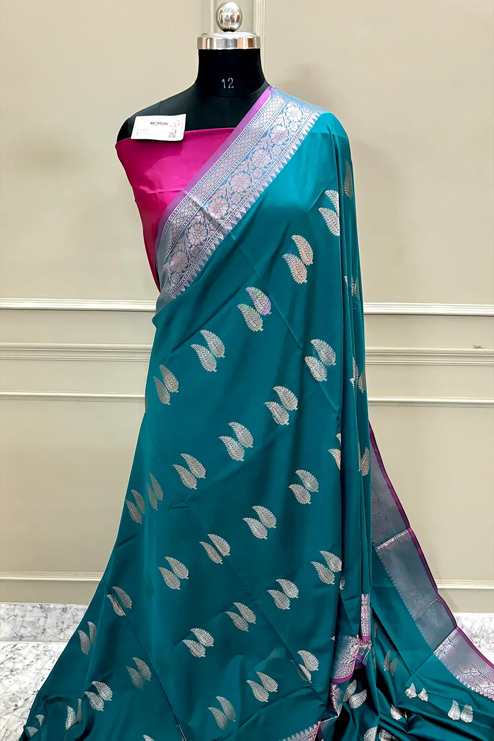 Teal and Pink Golden Zari Banarasi Silk Saree