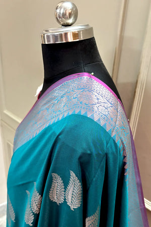 Teal and Pink Golden Zari Banarasi Silk Saree