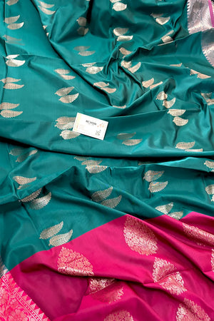Teal and Pink Golden Zari Banarasi Silk Saree