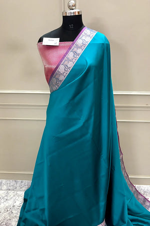 Teal and Pink Plain Banarasi Silk Saree