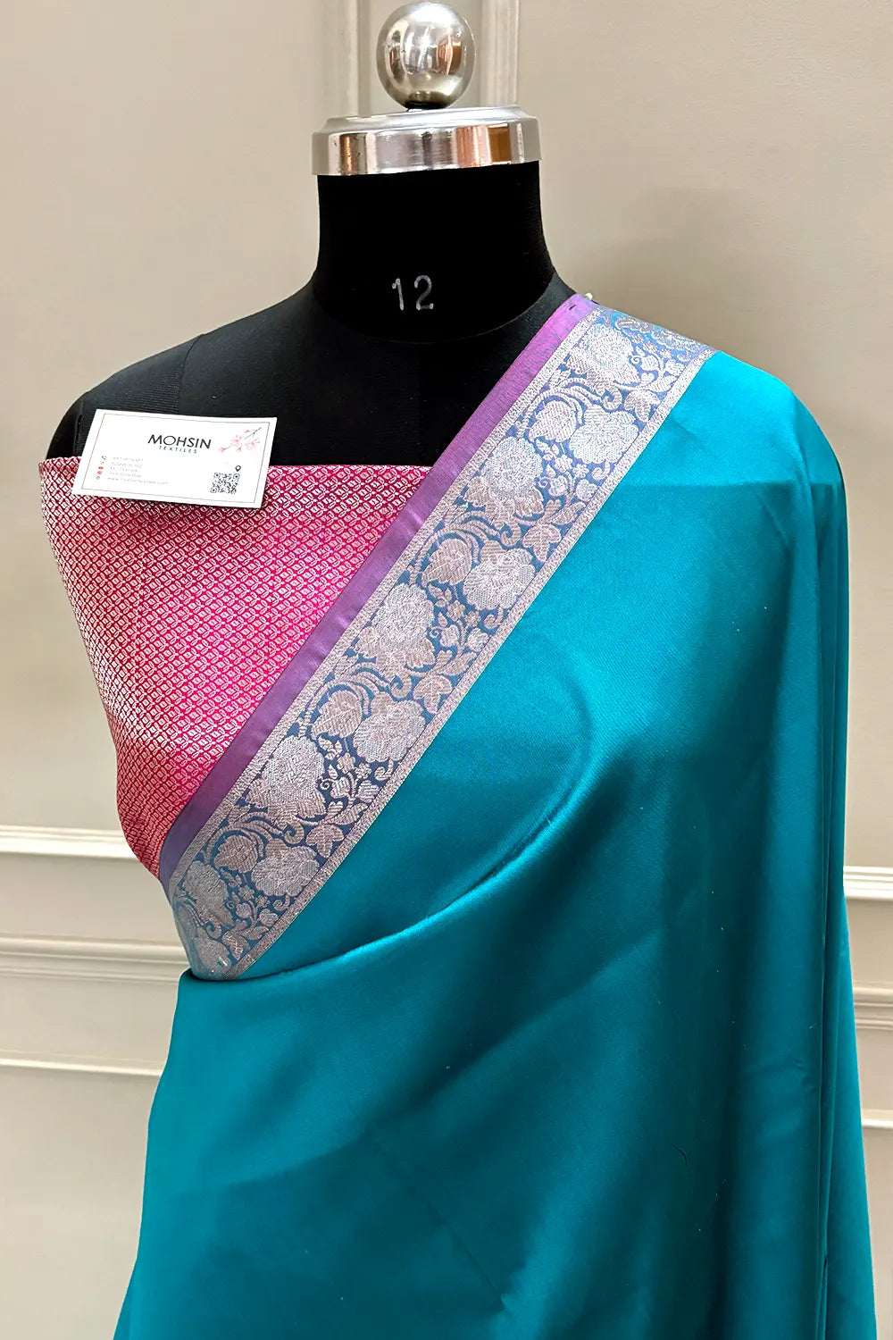 Teal and Pink Plain Banarasi Silk Saree