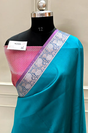 Teal and Pink Plain Banarasi Silk Saree