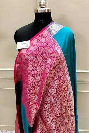 Teal and Pink Plain Banarasi Silk Saree