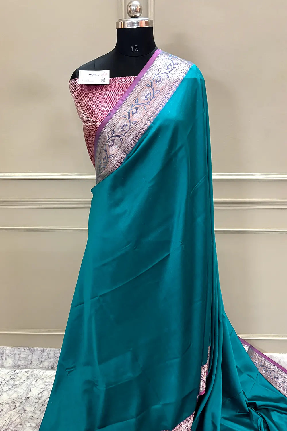 Teal and Pink Plain Banarasi Silk Saree