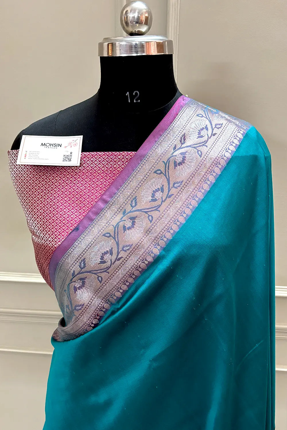 Teal and Pink Plain Banarasi Silk Saree