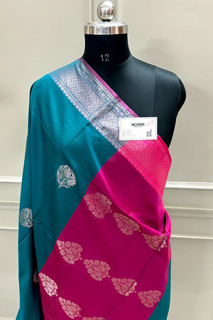 Teal and Pink Zari Banarasi Silk Saree