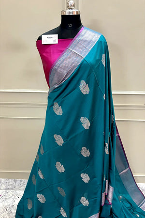 Teal and Pink Zari Banarasi Silk Saree