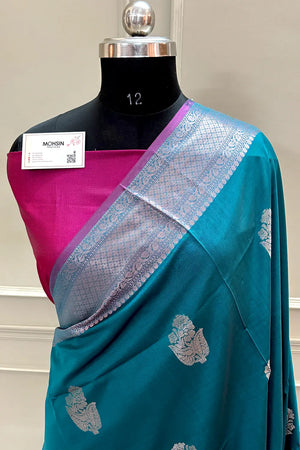 Teal and Pink Zari Banarasi Silk Saree