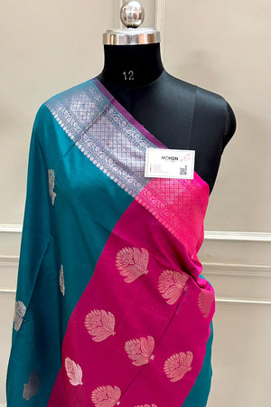 Teal and Pink Zari Banarasi Silk Saree