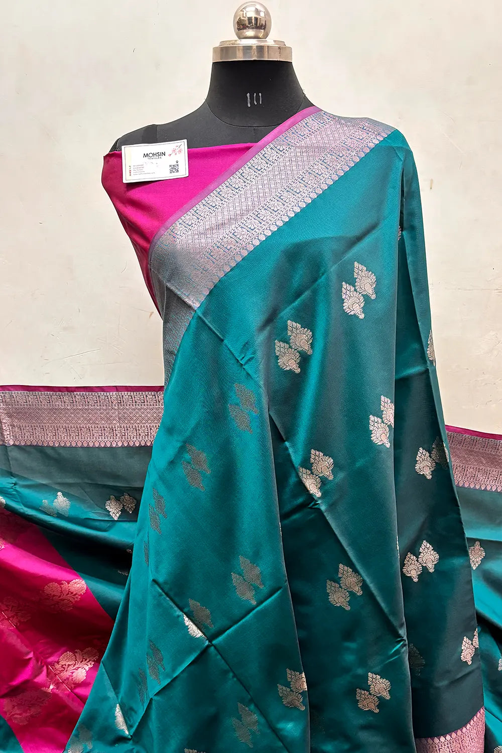 Teal and Pink Zari Semi Katan Silk Banarasi Saree