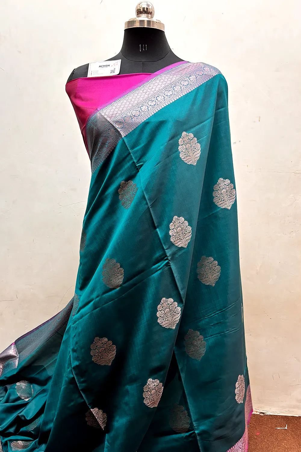 Teal and Pink Zari Semi Katan Silk Banarasi Saree