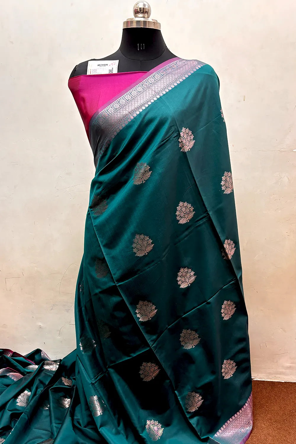 Teal and Pink Zari Semi Katan Silk Banarasi Saree