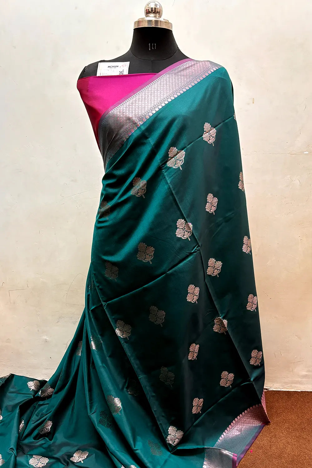Teal and Pink Zari Semi Katan Silk Banarasi Saree
