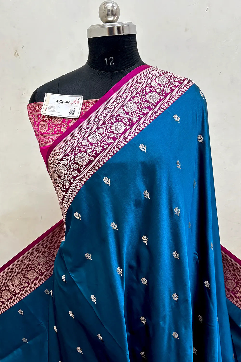 Teal and Rani Lily Buti Katan Mashru Silk Banarasi Saree