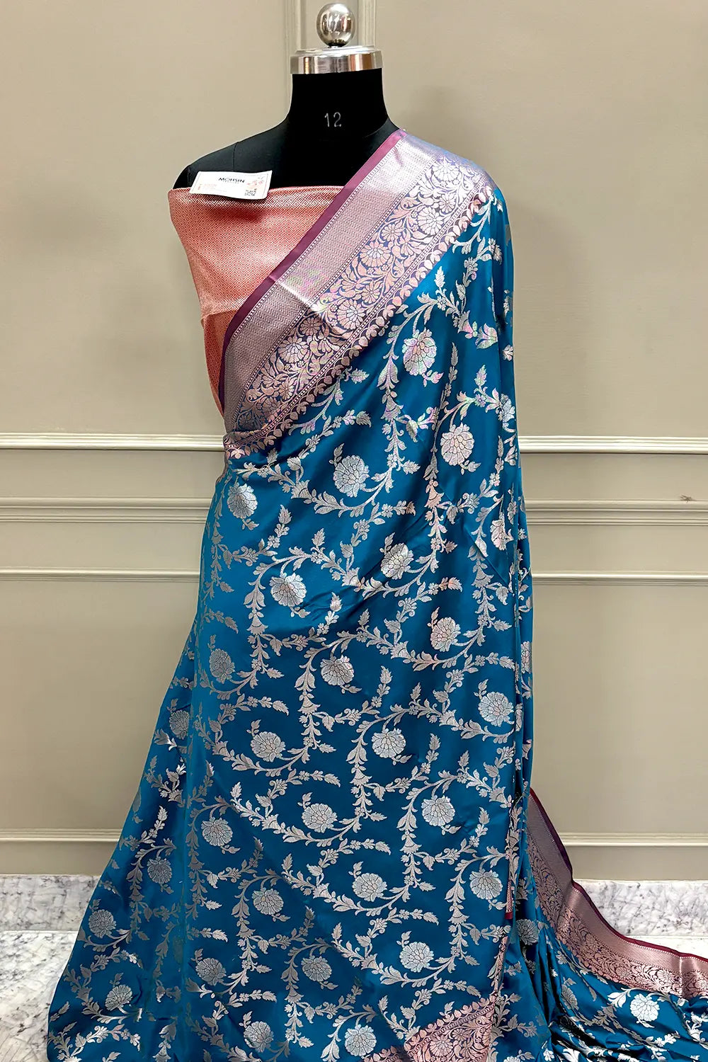 Dark Firozi and Red Zari Banarasi Silk Saree