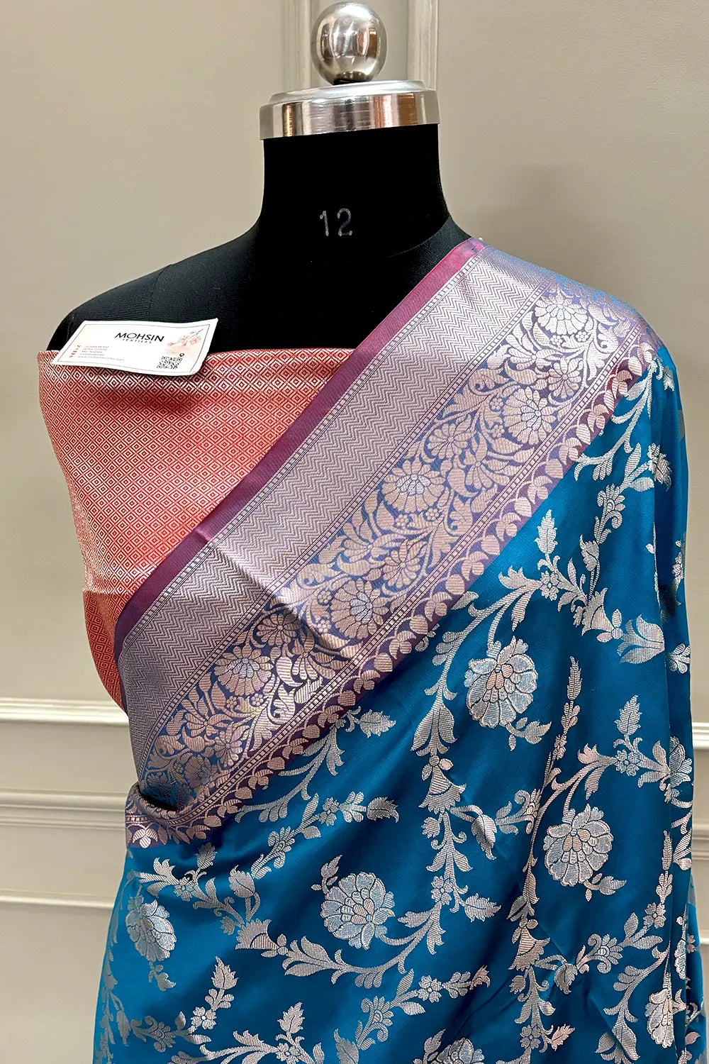 Dark Firozi and Red Zari Banarasi Silk Saree