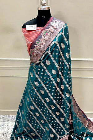 Teal and Red Zari Banarasi Silk Saree